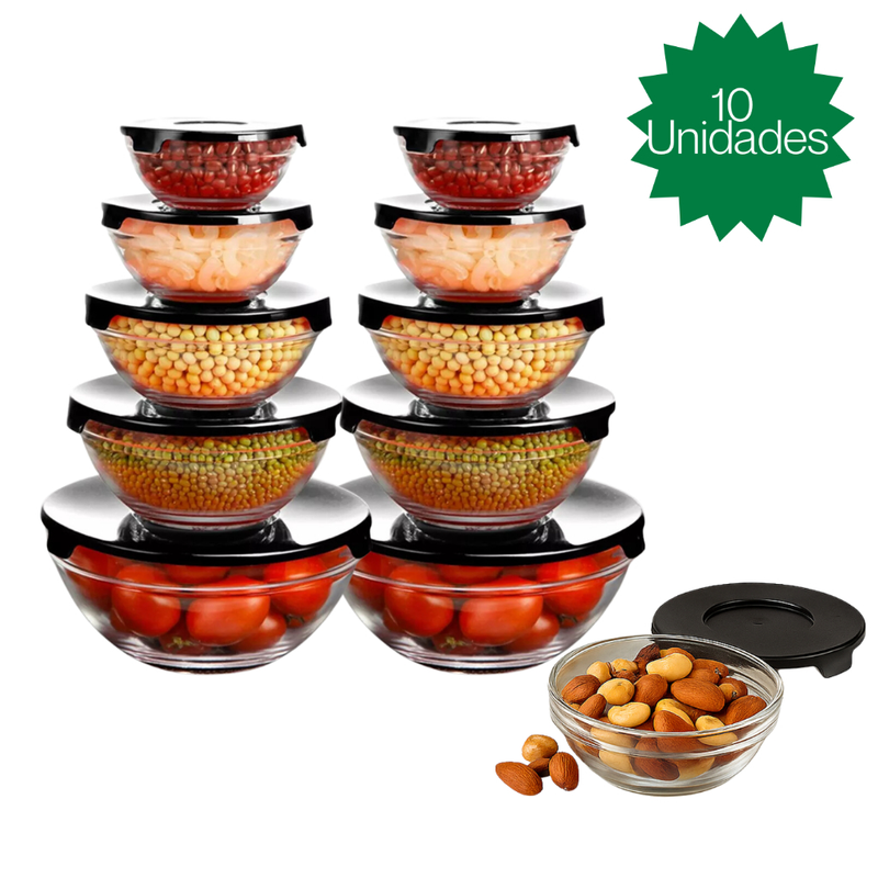 Conjunto 10 Potes Tigela Vidro Bowl Marmita Tampa Cozinha Geladeira